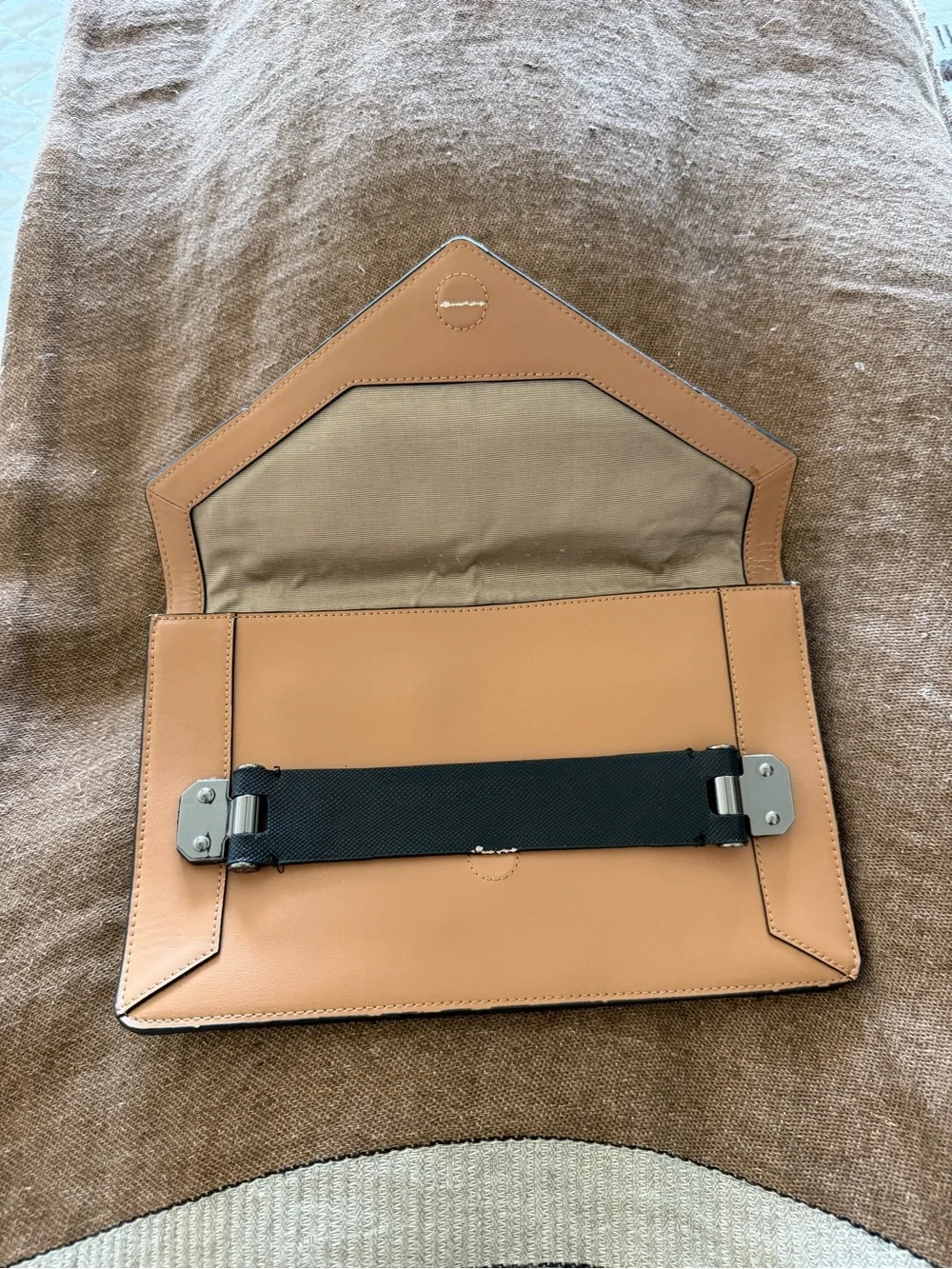BCBGMaxAzria Nude Tan Envelope Clutch with Metal Accents